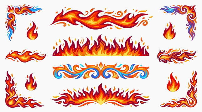 Collection of fiery decorative elements for graphic design and digital art.