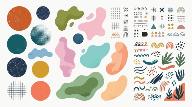 Abstract organic shapes and geometric patterns, a collection of creative elements for design and art.