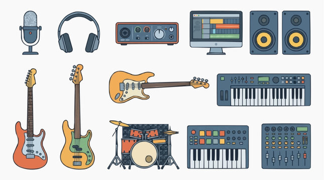 A collection of musical instruments and audio equipment for the concept of music production and recording.