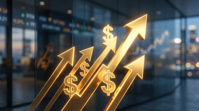 Finance growth arrows with dollar icon business success concept. Luminous gold symbols for investment strategy and banking profit