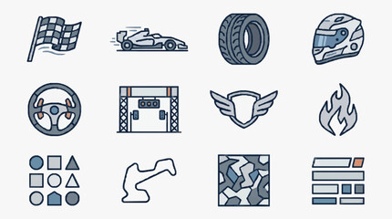 Naklejka premium Creative Racing and Motorsport Iconography Collection Featuring Dynamic Elements and Symbols of Speed Competition and Precision