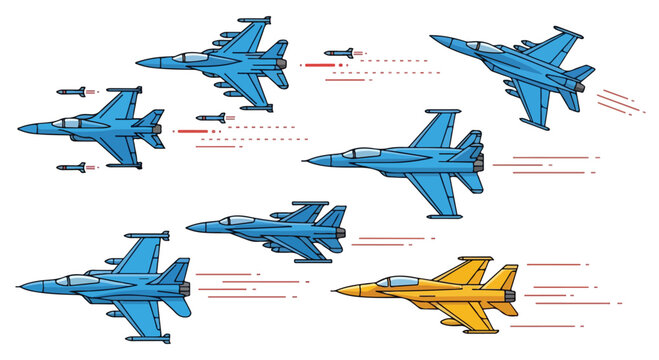 Military fighter jets in various flight formations and maneuvers