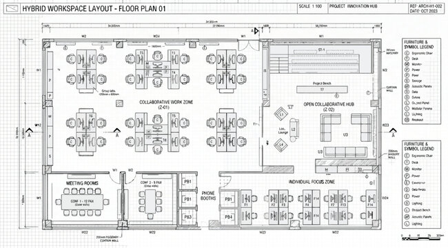 Hybrid workspace floor plan layout featuring collaborative zones, meeting rooms, and flexible desk areas