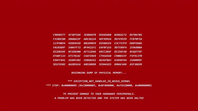 Red critical error massage | Fatal kernel panic with memory dumps. Suitable for tech blogs, articles, or illustrating system failures in presentations on computing.