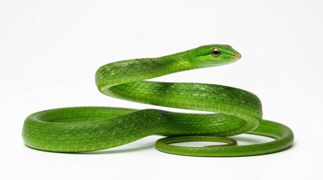 Green snake isolated on white background, wildlife nature and creative visual concept, modern clean design, high quality
