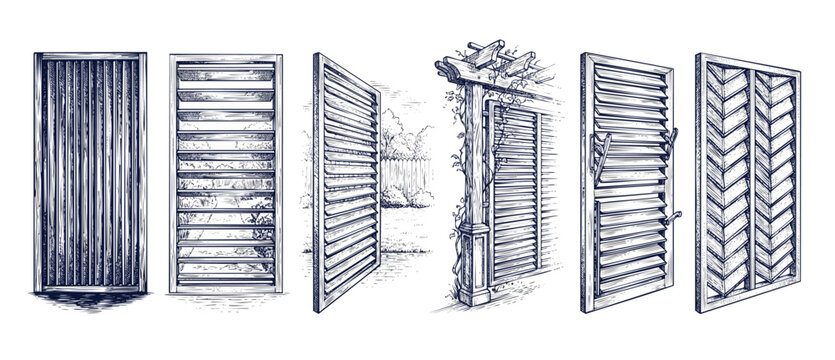 Wooden window shutter sketch illustrations showing different louver designs and architectural privacy screen options, vintage hand drawn line art drawings for home design and exterior window covering