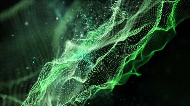 Futuristic eco video animation with wave object and glitter particles in slow motion, 4096x2304 loop 4K