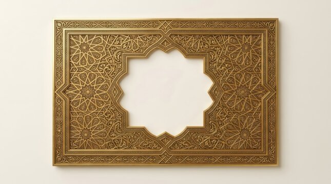 Islamic geometric star frame with intricate patterns and elegant gold details for cultural design, sophisticated oriental border