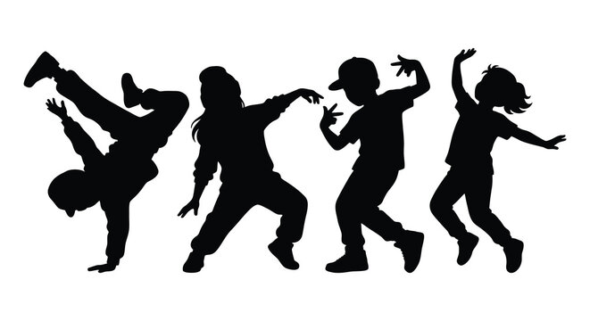 Dancing children silhouettes in dynamic poses black on white background silhouette