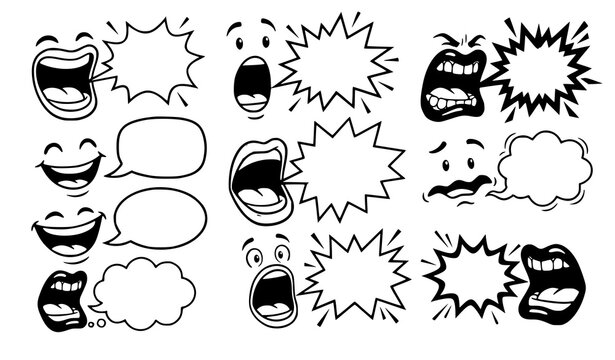 Funny Cartoon Talking Mouths with Blank Comic Speech Bubbles Vector Collection