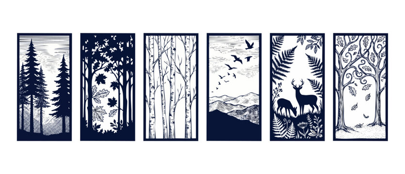 Laser cut forest SVG panels for wall art decoration template set featuring pine birch trees mountain wildlife deer birds and autumn leaves vector stencils for CNC engraving wood metal cutting patterns
