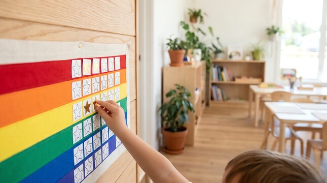 Medium shot of a young child placing a star sticker on a colorful rainbow reward behavior chart in a bright wooden classroom environment