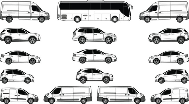 2D CAD vehicle side view vector set, car, van and bus profile blocks for streetscape, site plan and urban transportation design drawings