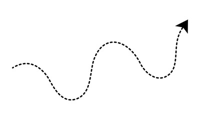 Curved dotted line arrow vector illustration, a hand-drawn style wavy path with an arrowhead, symbolizing direction, flow, and an informal route or pointer on white background. © OFFDESIGN