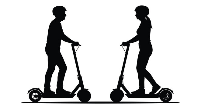 Two people riding electric scooters black silhouette