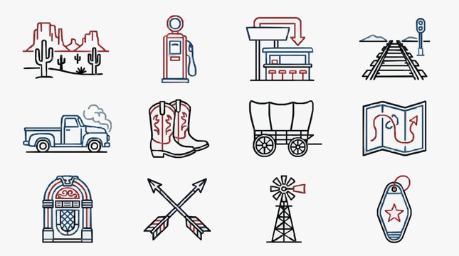 Minimalist Icons Representing Classic American Western and Route 66 Travel Themes with high professional line art symbols for modern creative design and digital branding projects