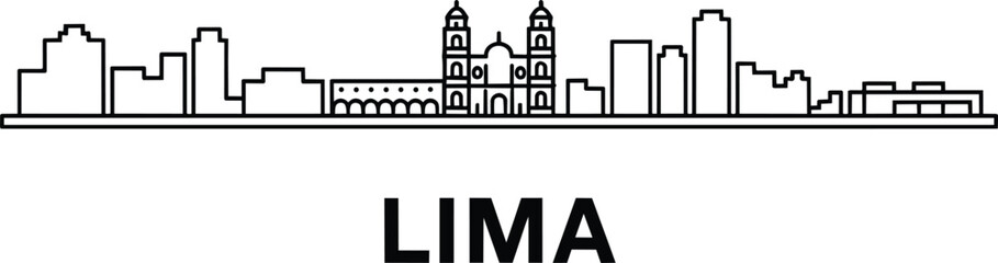 City skyline minimalist art line illustration depicting diverse urban buildings, modern high-rises, and a prominent classic twin © Pappu0099
