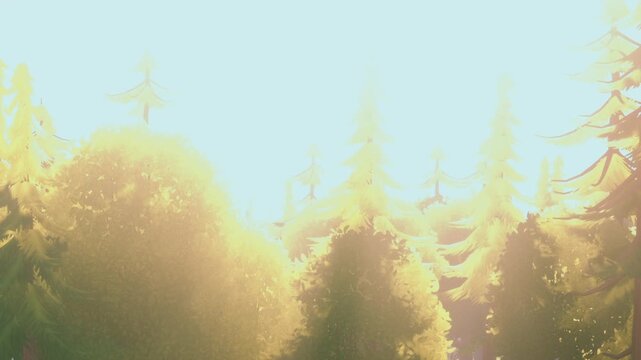 Sunlight streams down through tall trees in a forest. Foliage glows warmly as the day begins. Nature is alive with soft colors and peaceful shades under bright light.