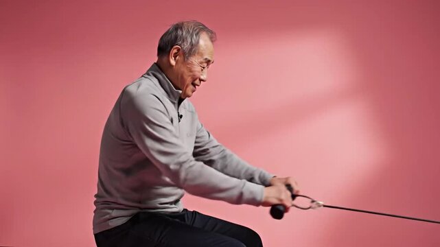 Senior Asian man doing cable row exercise in studio on pink background.