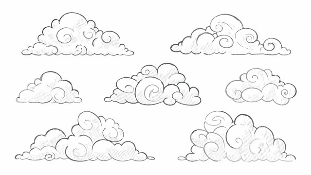 Eight distinct cloud shapes hand drawn style vector illustration on a white background clouds cloudscape