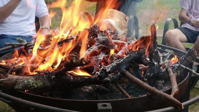 People relaxing around backyard fire pit with burning logs