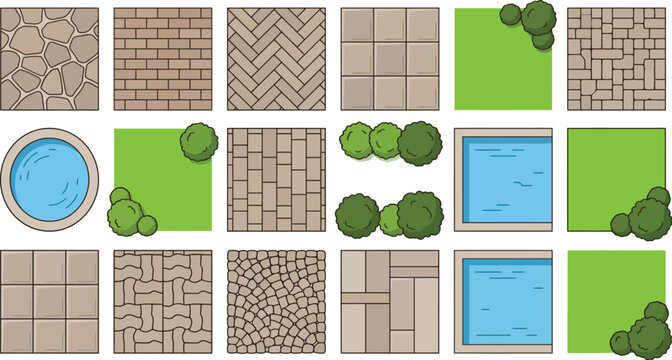 Landscape site plan cad vector set, top view paving textures, pools, lawn and planting symbols for garden and architectural masterplan design