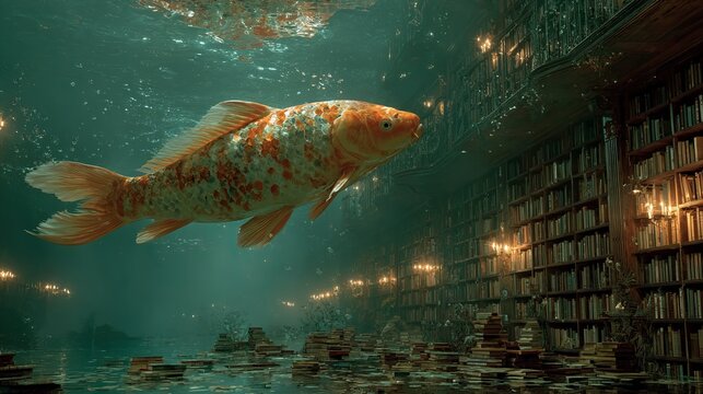 A breathtaking koi fish swims gracefully amid an enchanted underwater library, blending themes of knowledge, nature, and serenity in an extraordinary visual experience.
