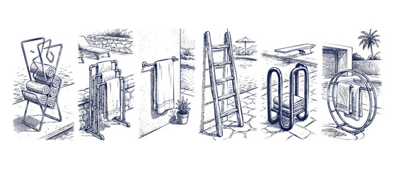 Pool towel rack sketch illustration showcasing outdoor backyard spa decor ideas, including metal stands, hangers, wooden ladder, and towel holders in hand-drawn blue ink engraving line art style. © Dinali