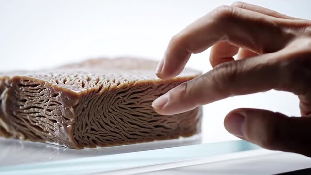 Hand touching synthetic lab grown meat or bio printed tissue sample in laboratory.