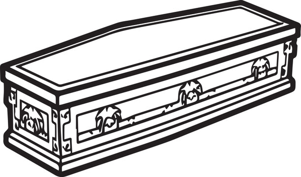 A black and white illustration of a decorated coffin, symbolizing finality and remembrance.