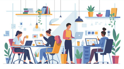 Fototapeta premium Modern Coworking Office Space with Diverse People Working on Laptops Illustration