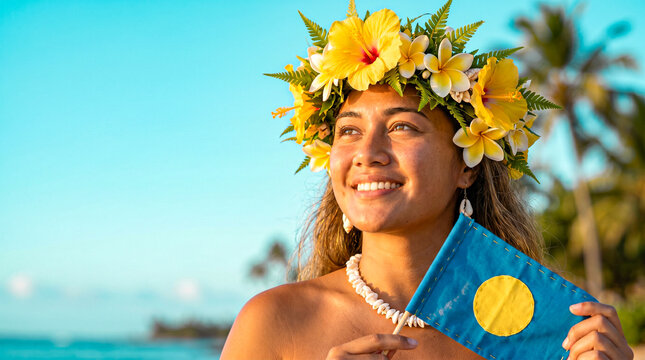 Polynesian woman with floral crown holding Palau flag, smiling Pacific Islander on tropical beach, traditional lei haku and shell jewelry