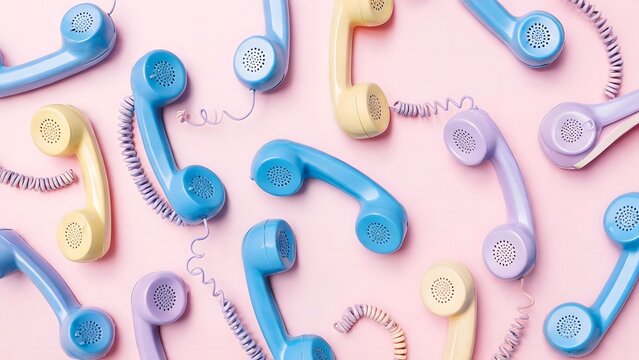 Colorful vintage phone handsets on pink
