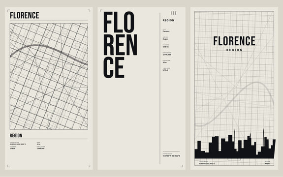 Set of three modern minimalist posters featuring maps of florence, italy, with city skyline silhouette, grid street patterns, and geographical data information
