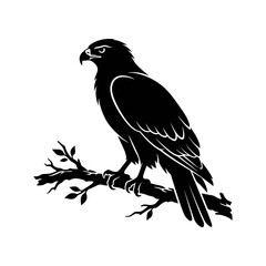Fototapeta premium Black Hawk Bird Perched on Branch Silhouette Minimalist Monochrome Illustration