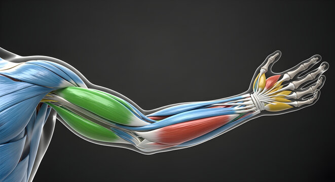 Human arm anatomy with visible muscles, tendons, and bones against dark background.