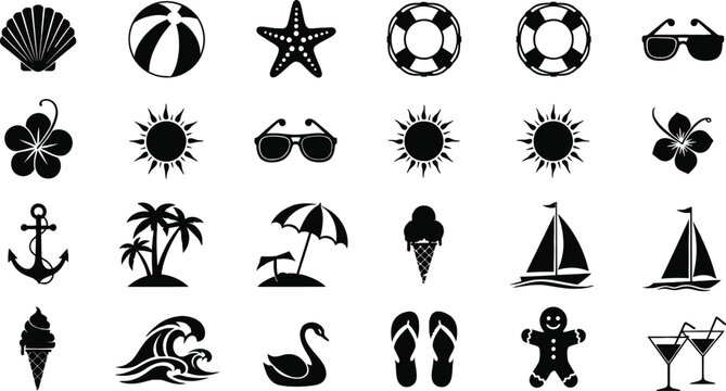 Black beach summer icons set
