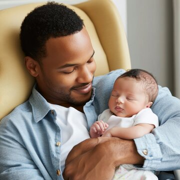 Close-up of an African American father, gently cradling his sleeping newborn in a yellow armchair, embodying tender fatherhood, love and family bonding. Serene parenthood moment.
