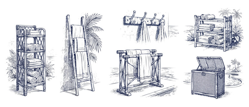 Bamboo towel rack wicker furniture sketch set hand drawn for tropical spa resort pool patio decoration creating relaxing coastal boho summer vibe details illustration vector engraving style display