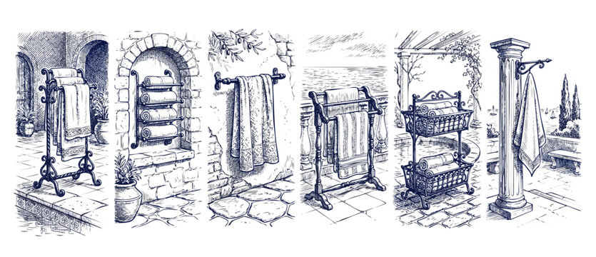 Vintage bath towel rack sketch showcasing folded linens hanging by Mediterranean coastal pools and classic stone columns evoking elegant luxury resort spa relaxation and rustic outdoor styling themes.