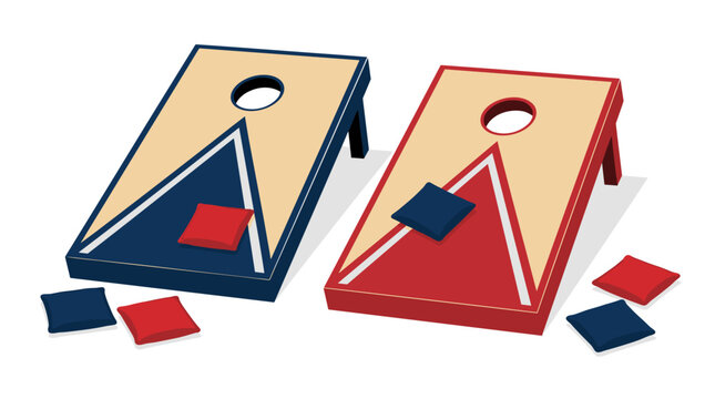 Colorful cornhole boards with red and blue beanbags on a white background for outdoor games