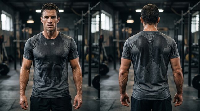 sweaty athletic grey t-shirt mockup on male athlete front and back