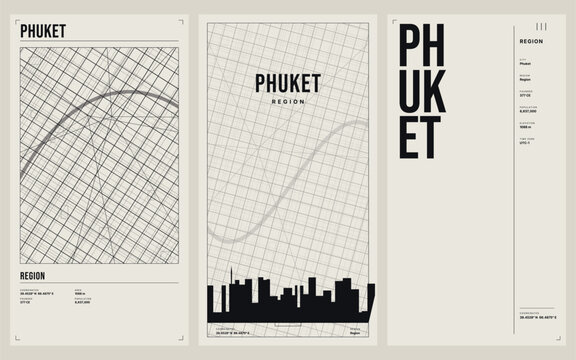 Set of three modern minimalist posters featuring phuket, thailand, with abstract grid maps, city skyline silhouettes, and typographic design elements in a clean, contemporary style