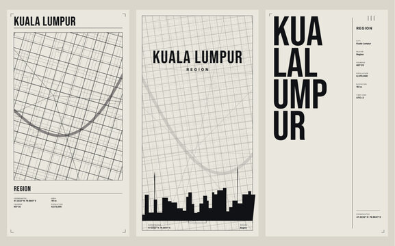 Set of three posters with map of kuala lumpur, malaysia, minimalist design, city skyline silhouette, urban grid, geographical coordinates, modern typography, vector illustration