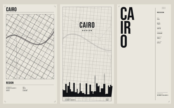 Set of three modern minimalist posters featuring cairo city map, abstract grid street layout, and urban skyline silhouette in a clean architectural design style