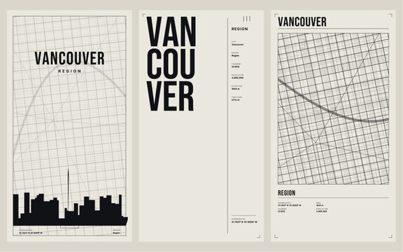 Set of three minimalist posters featuring the city of vancouver, canada, with abstract geometric map designs, skyline silhouettes, and typographic information panels in a modern graphic style