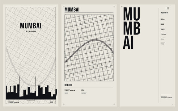 Minimalist poster design featuring a stylized map of mumbai, india, with geometric street patterns, city skyline silhouette, and typographic data elements on a light beige background