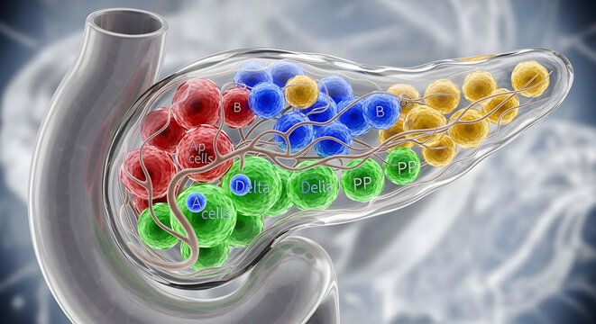 Pancreas organelle cells alpha beta delta pp endocrine system illustration.