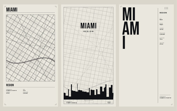 Minimalist map poster set of miami city, modern urban street grid design with skyline silhouette, abstract geometric vector illustration for wall art decor