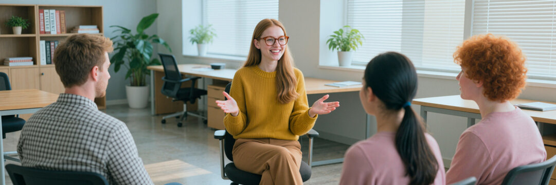 Young adult business coach leading group discussion with diverse coworkers in office, supporting teamwork and communication. Ideal for training, leadership, HR, workplace culture